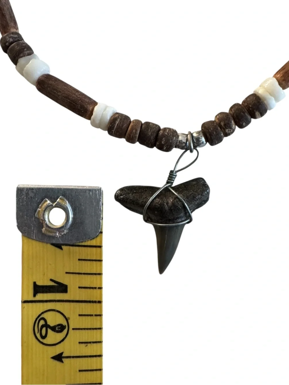 Brown and White Beaded Necklace with Shark Tooth Pendant